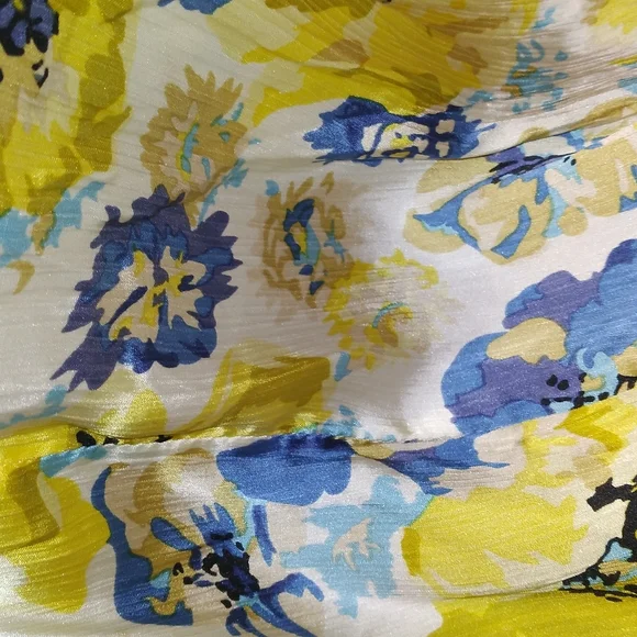 VINTAGE BETSEY JOHNSON Yellow, Blue, White Floral Silk Halter Style Dress, sz 8 - Picture 9 of 11